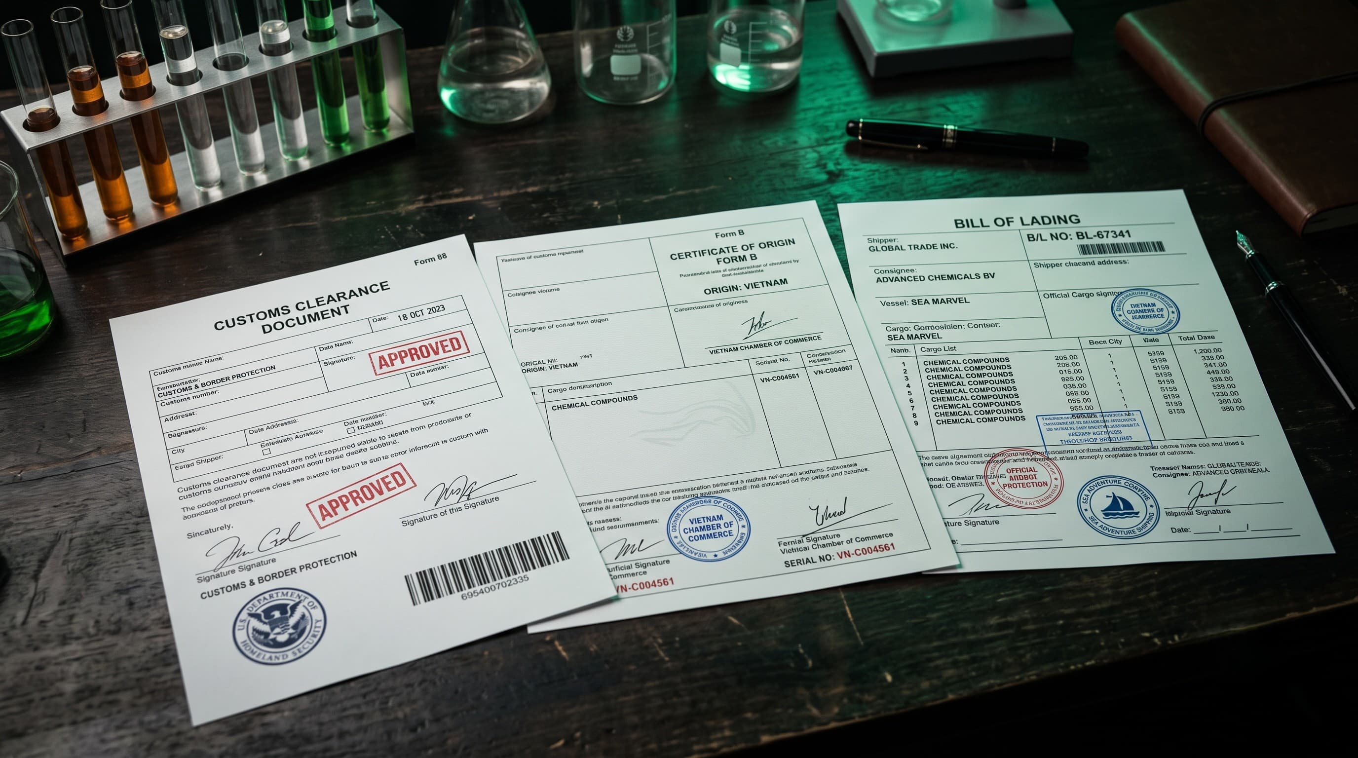 Customs clearance documents — bill of lading and certificate of origin