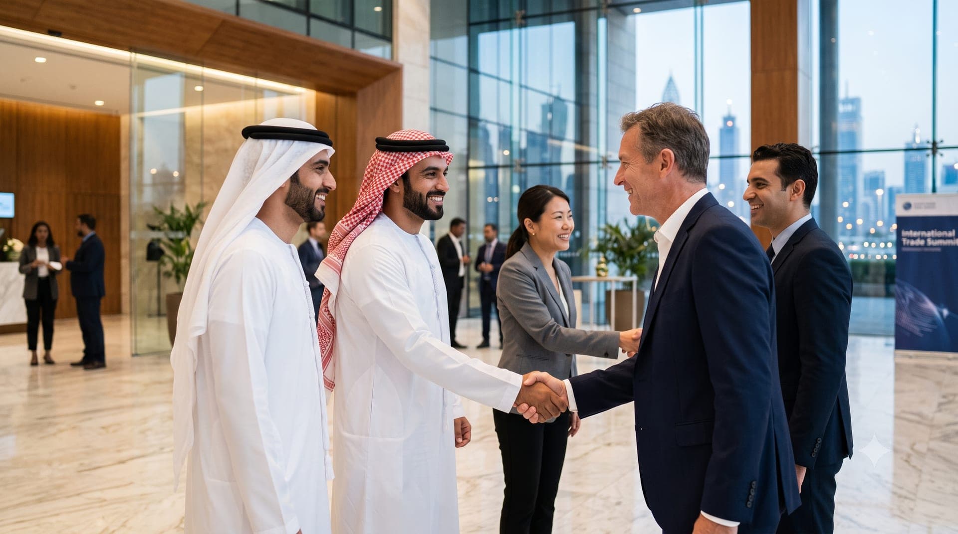 International trade delegates shaking hands at a business summit