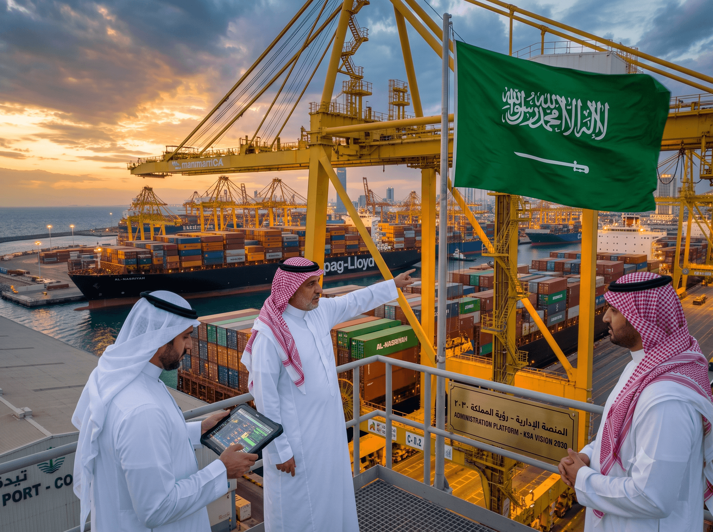 Jeddah Islamic Port aerial view at sunset